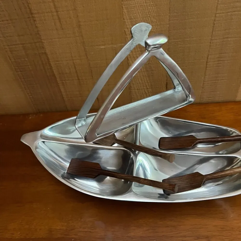 nautical Napkin Condiment Dip Sailboat Shaped Serving Tray sail wood spoons